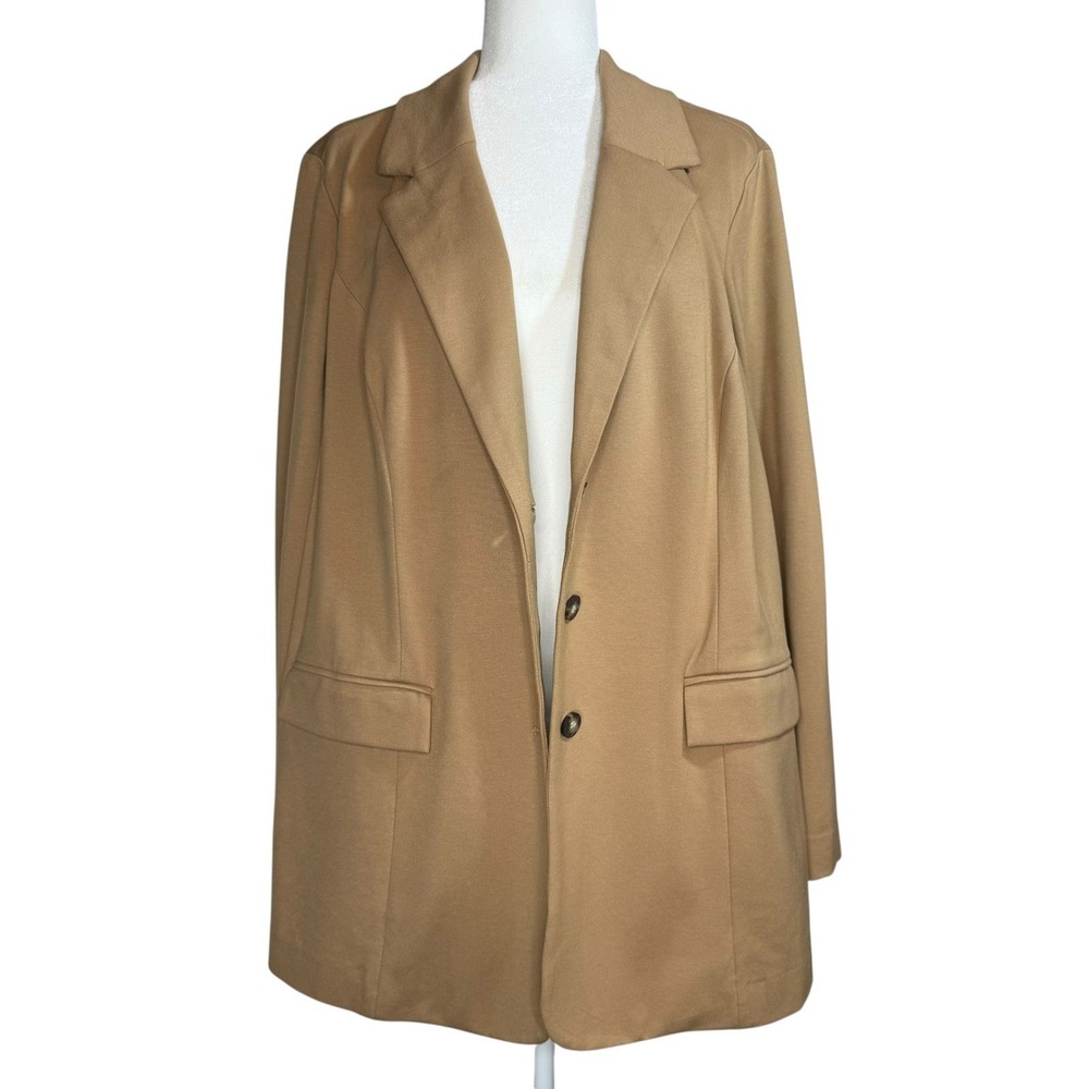 J. Jill‎ Ponte Stretch Knit Blazer Jacket Camel Tan Longline 3 Button L/XL Cozy - Picture 7 of 12
